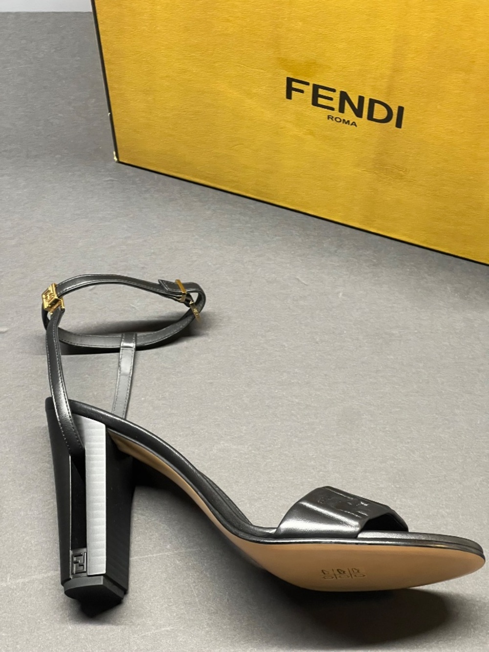 New Fendi Delfina Sandal Black Leather Ankle Strap High Heeled Logo Shoe sz 12 / - Picture 9 of 10